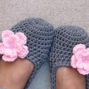 Crochet Women Slippers - Grey With Pink Flower,..