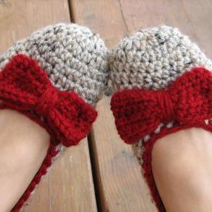 Crochet Women Slippers - Oatmeal With Red Bow,..