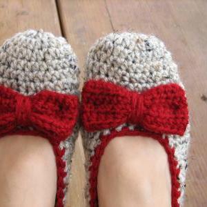 Crochet Women Slippers - Oatmeal With Red Bow,..