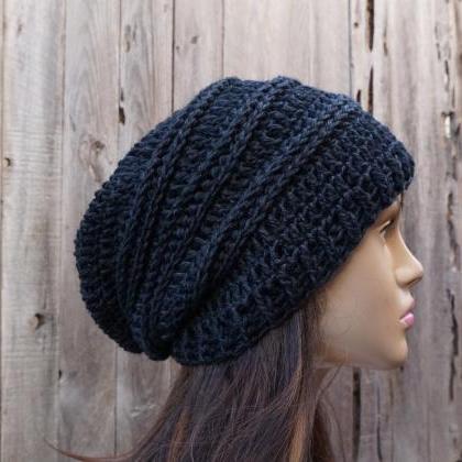 Crochet Hat - Slouchy Hat -black- Winter..