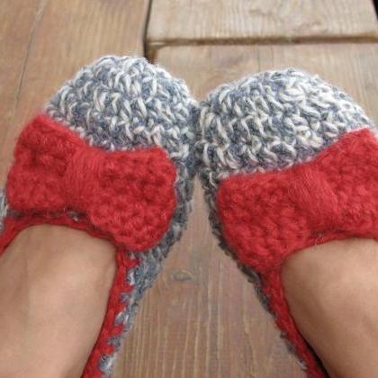 Crochet Women Slippers With Red Bow, Accessories,..