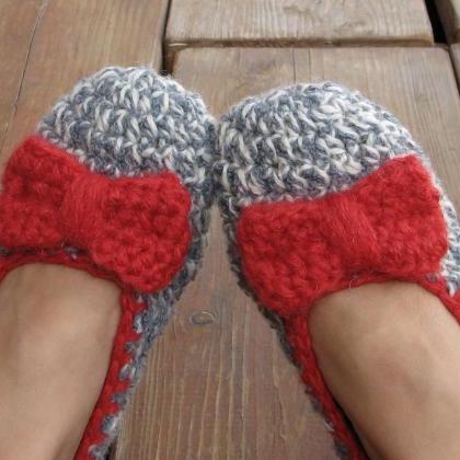 Crochet Women Slippers With Red Bow, Accessories,..
