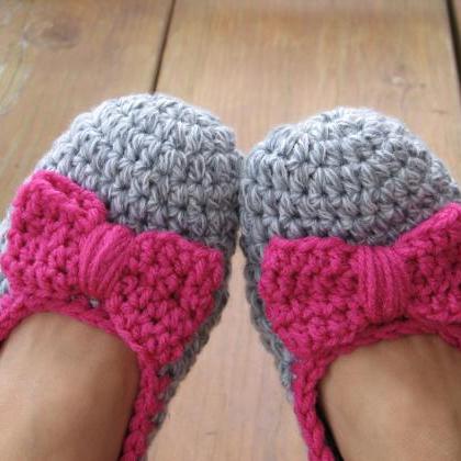 Crochet Women Slippers With Pink Bow, Accessories,..