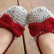 Crochet Women Slippers - Oatmeal with red bow, Accessories, Adult Crochet Slippers, Home Shoes, Crochet Women Slippers