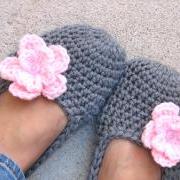 Crochet Women Slippers - Grey with pink Flower, Accessories, Adult Crochet Slippers, Home Shoes, Crochet Women Slippers