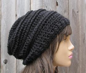 Crochet Hat - Slouchy Hat In Black - Winter Accessories Autumn ...