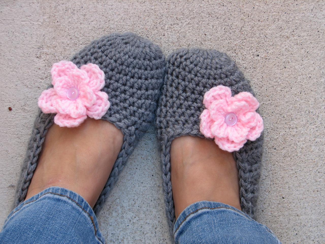 Crochet Women Slippers - Grey With Pink Flower, Accessories, Adult Crochet Slippers, Home Shoes, Crochet Women Slippers