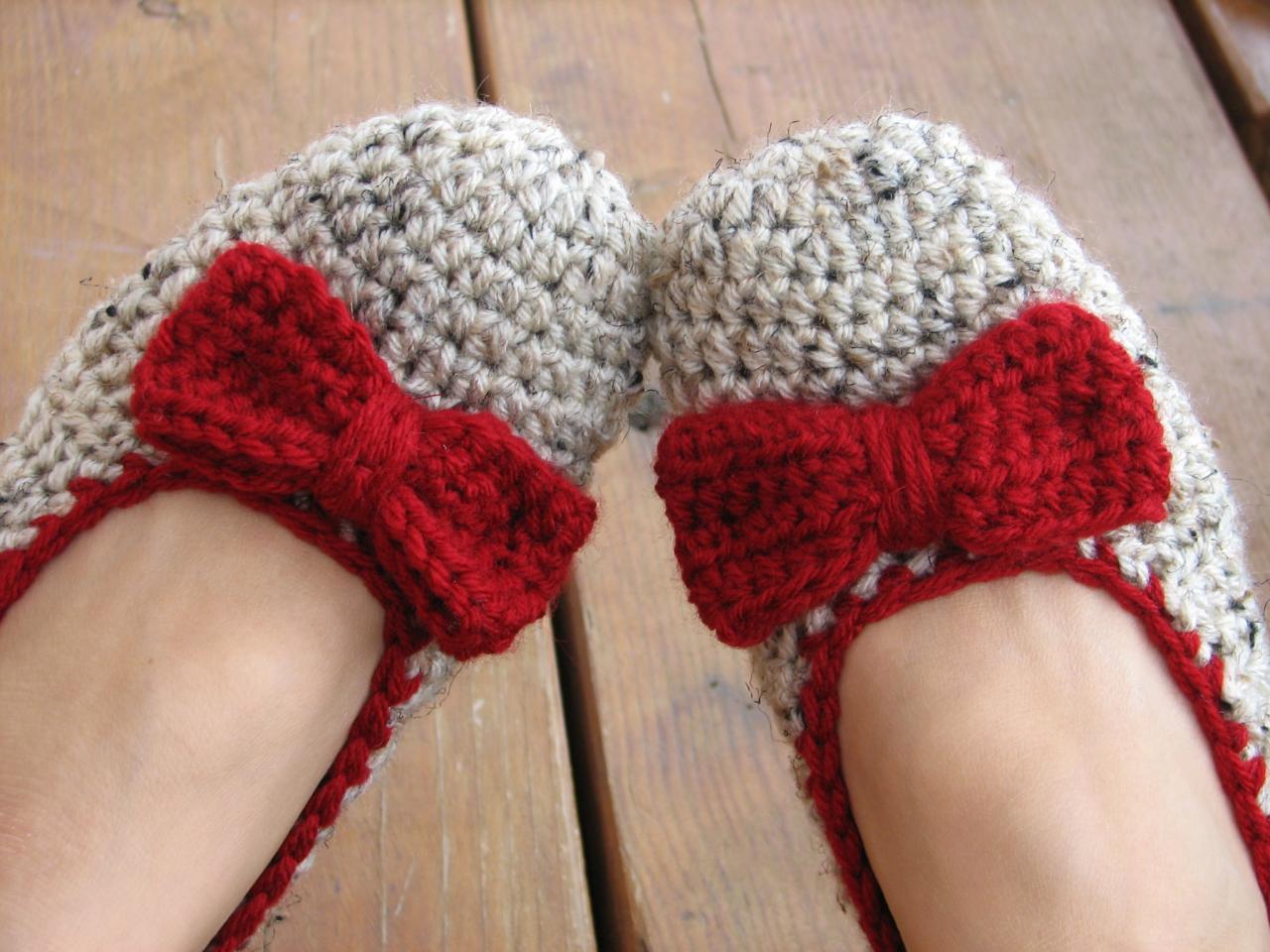 Crochet Women Slippers - Oatmeal With Red Bow, Accessories, Adult Crochet Slippers, Home Shoes, Crochet Women Slippers