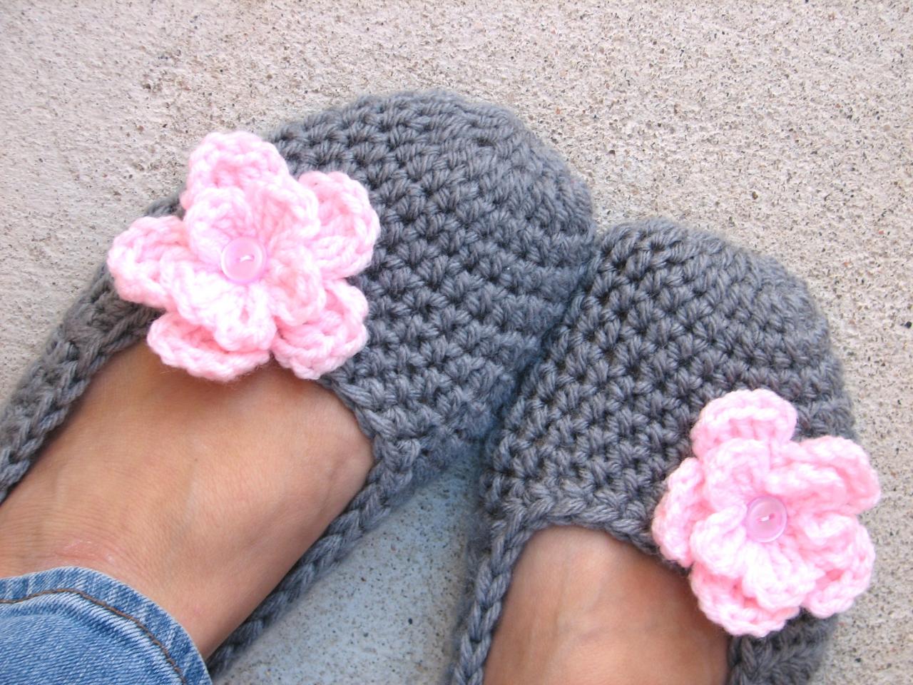 Crochet Women Slippers - Grey With Pink Flower, Accessories, Adult Crochet Slippers, Home Shoes, Crochet Women Slippers
